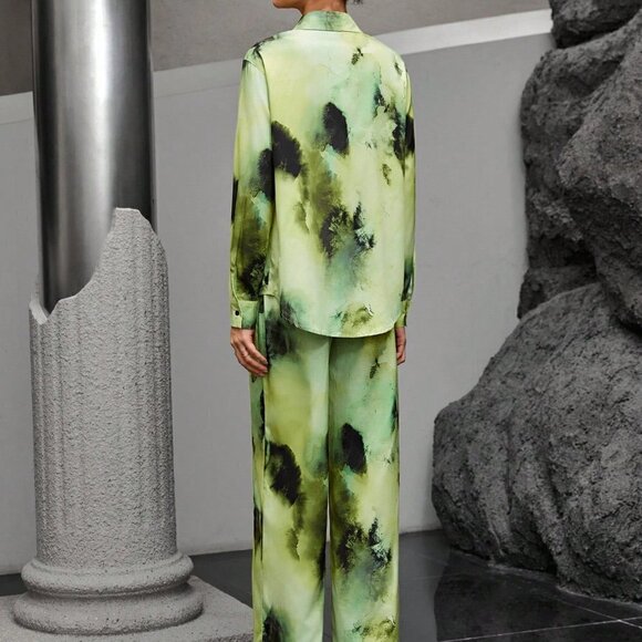 Green Casual Women's Tie-dye Drop Shoulder Shirt And Pants Two-piece Set - Picture 2 of 4